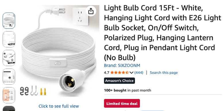 15Ft Hanging Light Bulb Cord with E26 Socket