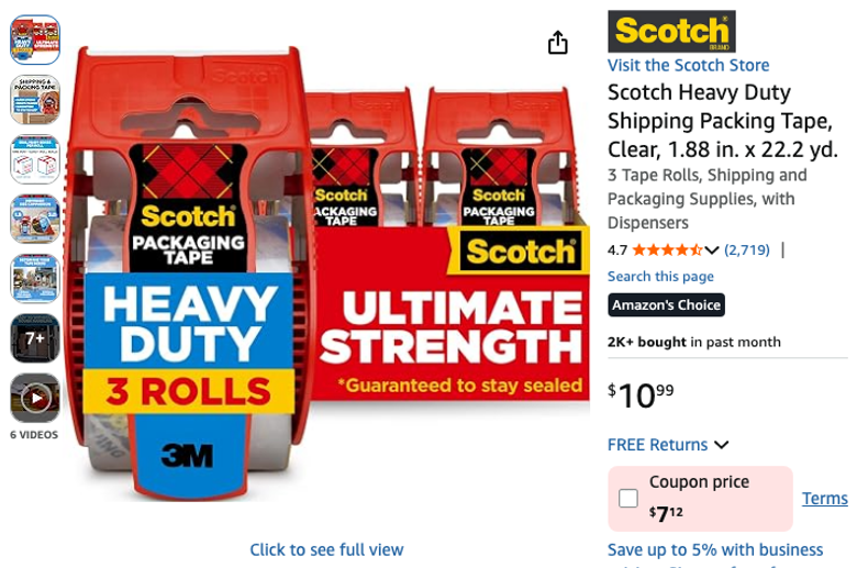 Scotch Heavy Duty Shipping Packing Tape 3-Pack with Dispensers