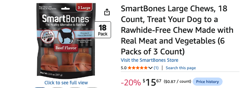SmartBones Large Dog Chews, 18 Count