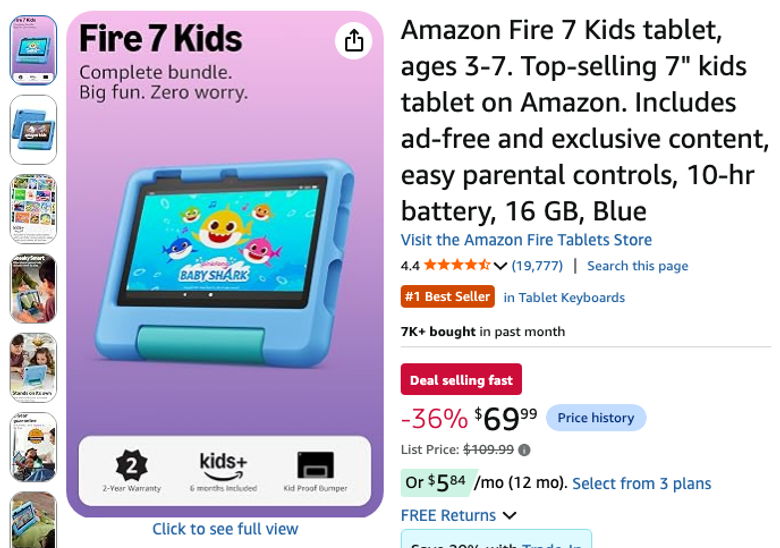 Amazon Fire 7 Kids tablet, ages 3-7, 16 GB, Blue