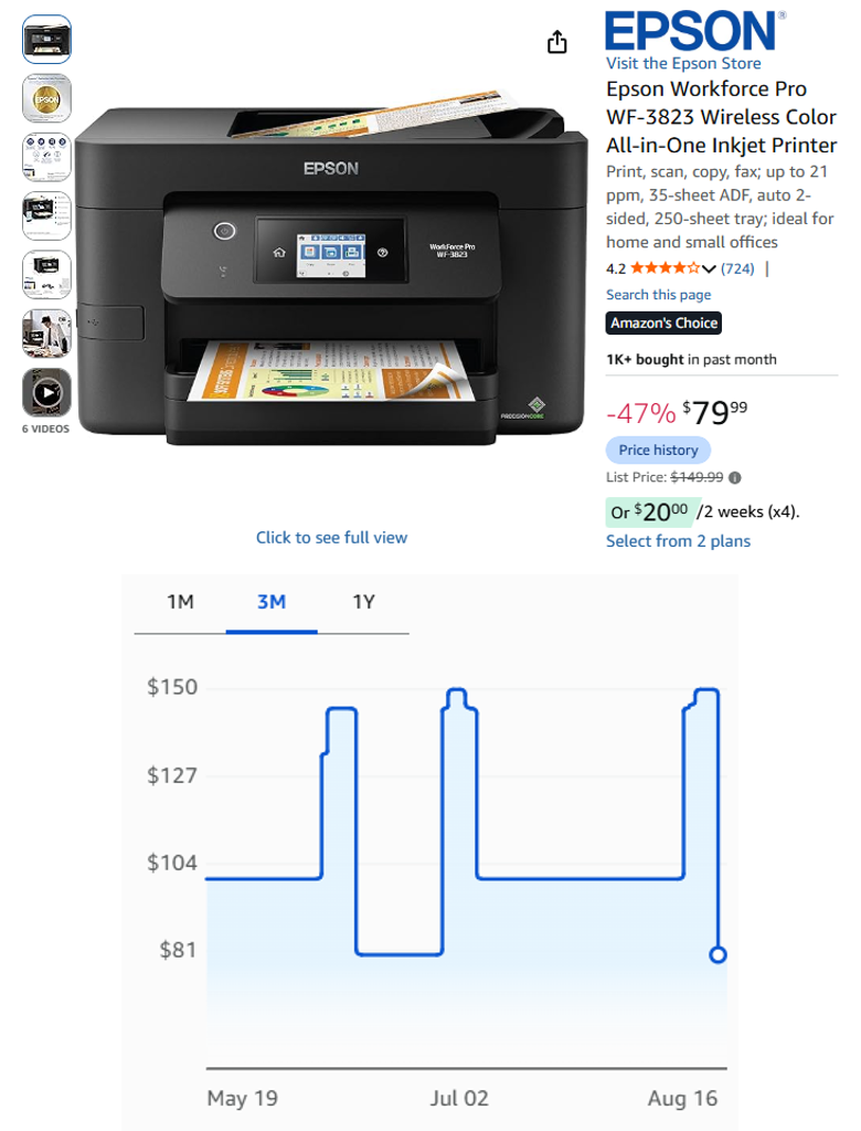 Epson WorkForce Pro WF-3823 Wireless Color All-in-One Inkjet Printer