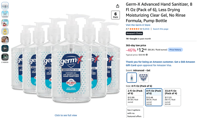 Germ-X Advanced Hand Sanitizer 8 fl oz Pack of 6