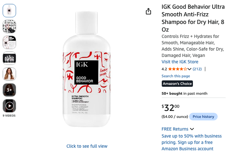 IGK Good Behavior Ultra Smooth Anti-Frizz Shampoo for Dry Hair, 8 Oz