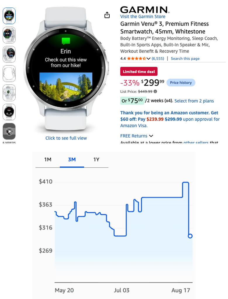 Garmin Venu 3 Premium Fitness Smartwatch, 45mm, Whitestone