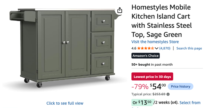 Homestyles Mobile Kitchen Island Cart with Stainless Steel Top