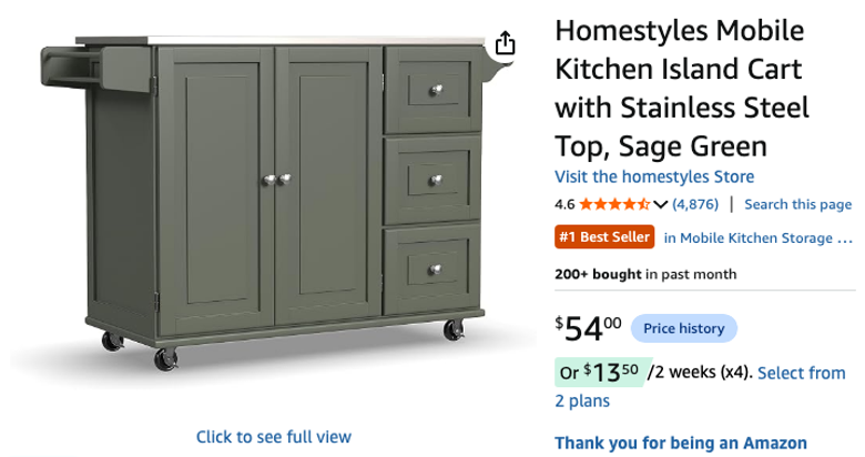 Homestyles Mobile Kitchen Island Cart with Stainless Steel Top, Sage Green