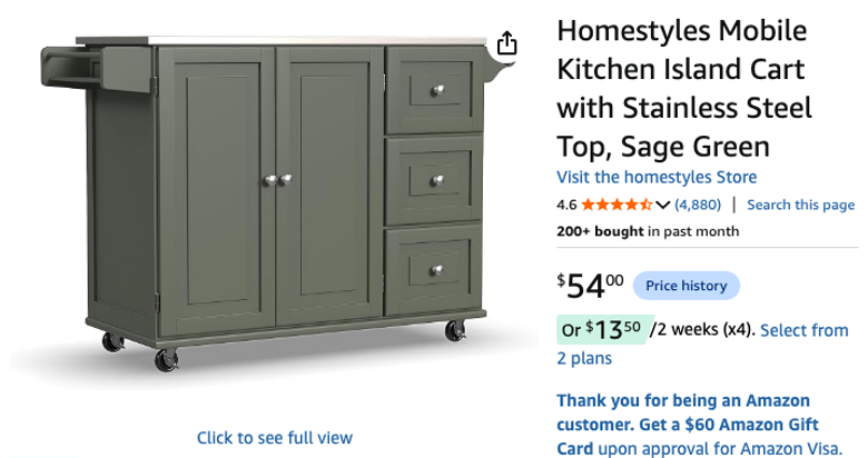 Homestyles Mobile Kitchen Island Cart with Stainless Steel Top