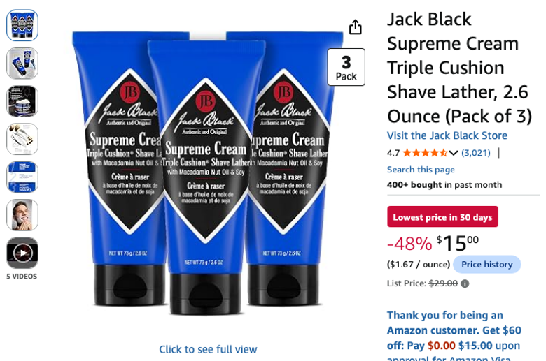 Jack Black Supreme Cream Triple Cushion Shave Lather 3-Pack