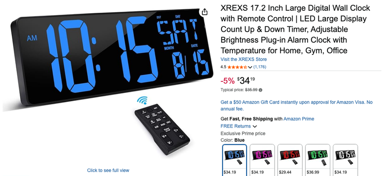 XREXS 17.2-inch large digital wall clock with remote control