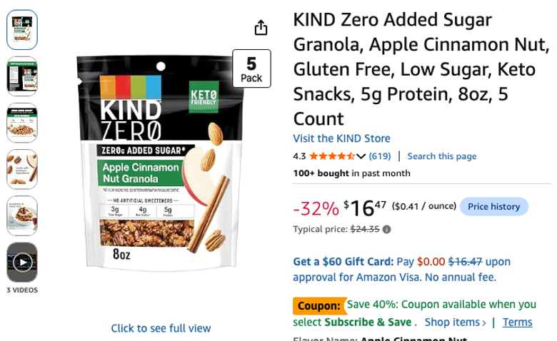 KIND Zero Added Sugar Granola, Apple Cinnamon Nut, 5 Count