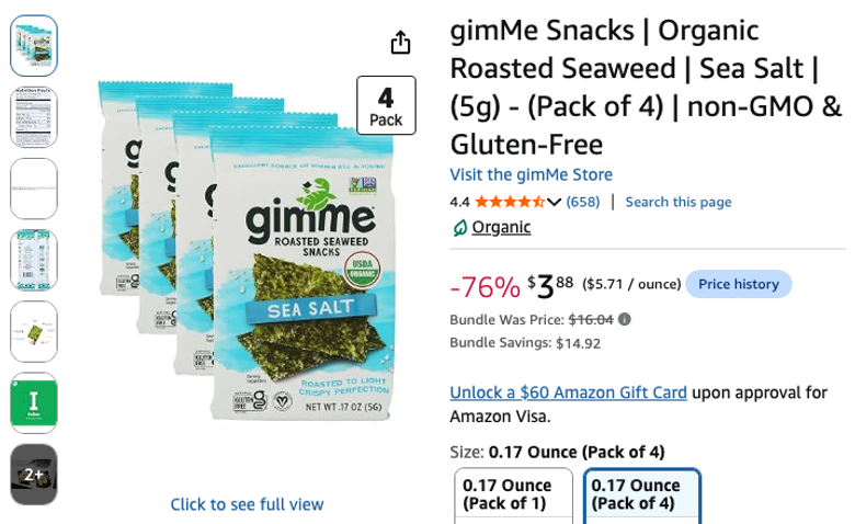 gimMe Organic Roasted Seaweed Snacks, Sea Salt, 4-Pack