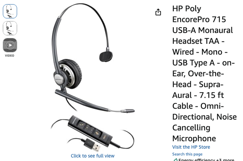 HP Poly EncorePro 715 USB-A Monaural Headset