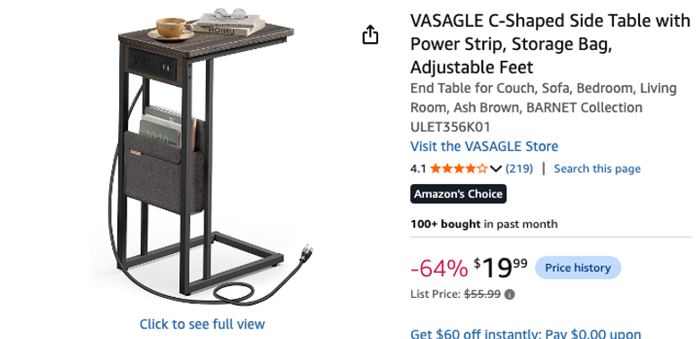 VASAGLE C-Shaped Side Table with Power Strip and Storage Bag