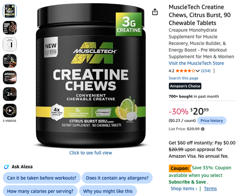 MuscleTech Creatine Chews, Citrus Burst, 90 Chewable Tablets