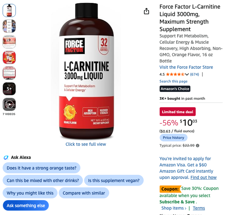 Force Factor L-Carnitine Liquid 3000mg Supplement