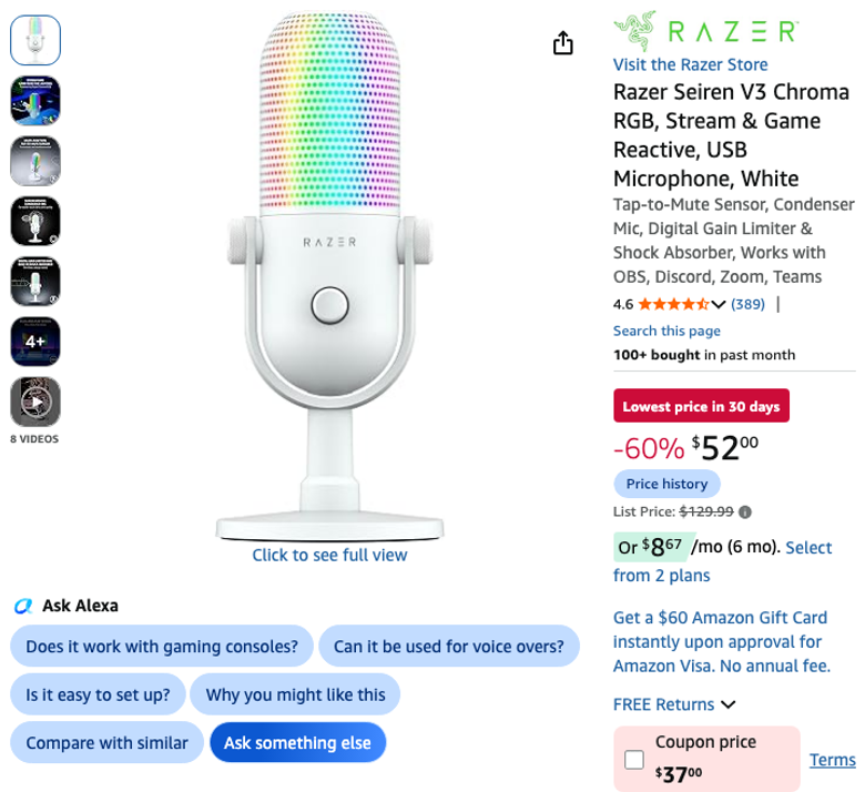 Razer Seiren V3 Chroma RGB USB Microphone, White