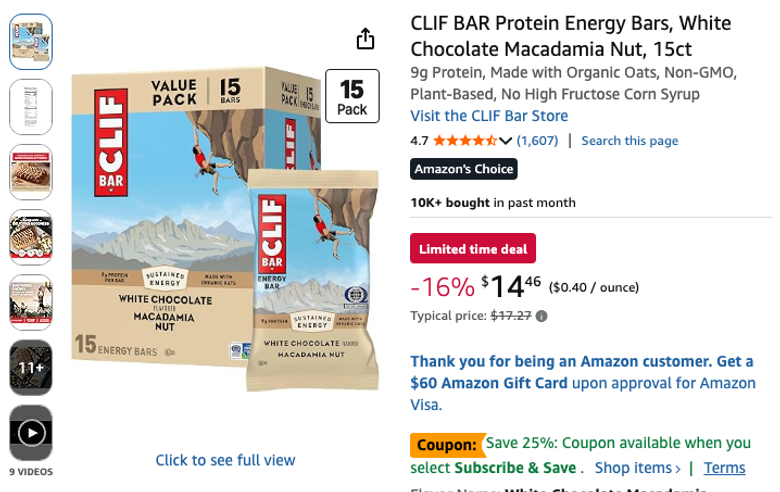CLIF BAR Protein Energy Bars White Chocolate Macadamia Nut 15ct
