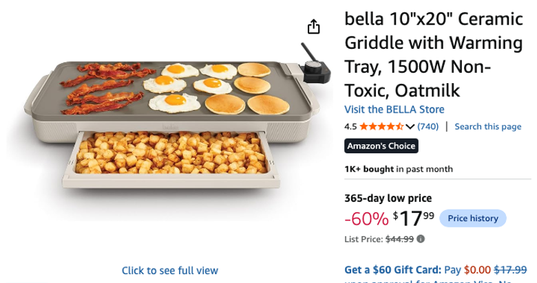 bella 10"x20" Ceramic Griddle with Warming Tray