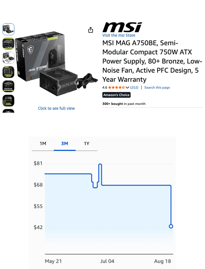 MSI MAG A750BE 750W Semi-Modular ATX Power Supply