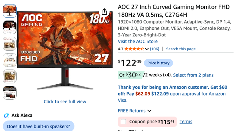 AOC 27-Inch Curved Gaming Monitor