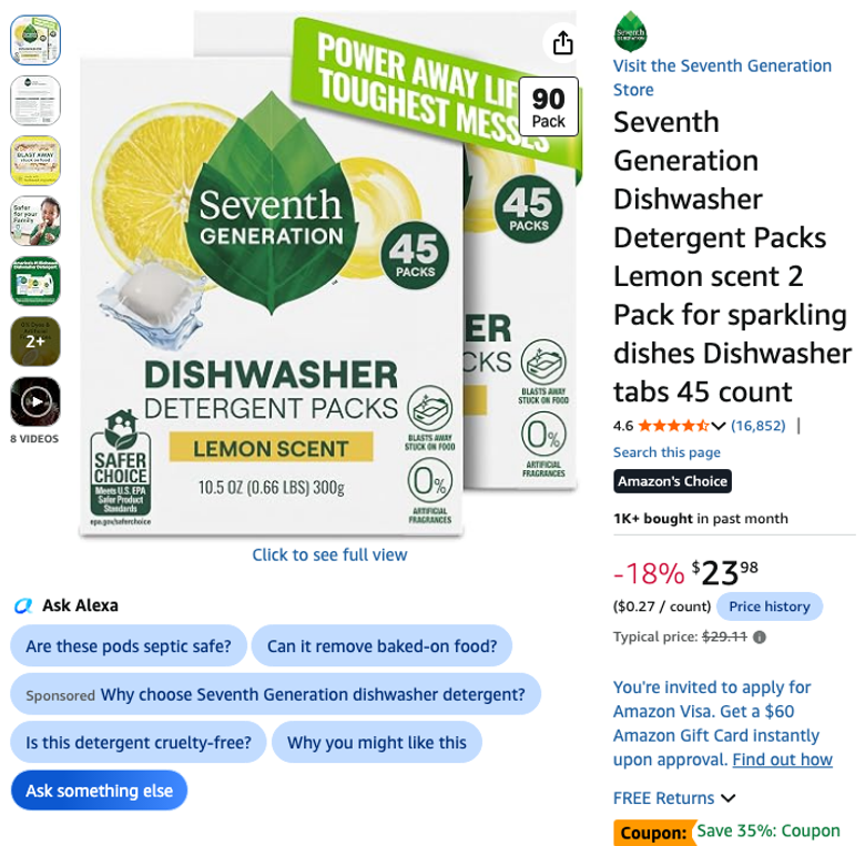 Seventh Generation Dishwasher Detergent Packs Lemon Scent 2 Pack