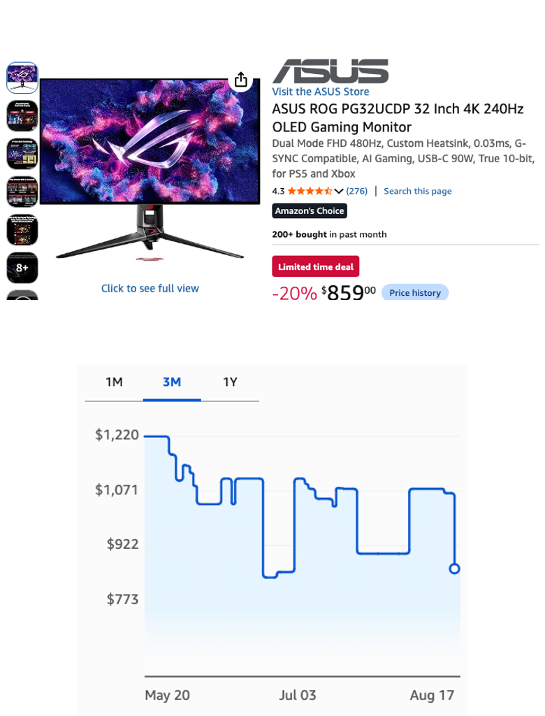 ASUS ROG PG32UCDP 32 Inch 4K 240Hz OLED Gaming Monitor