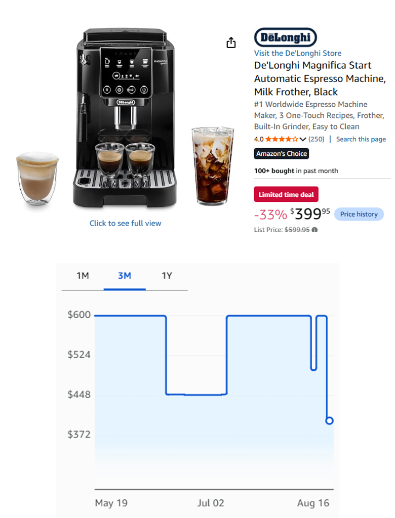 De'Longhi Magnifica Start Automatic Espresso Machine, Milk Frother, Black