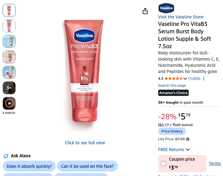 Vaseline Pro VitaB3 Serum Burst Body Lotion 7.5oz