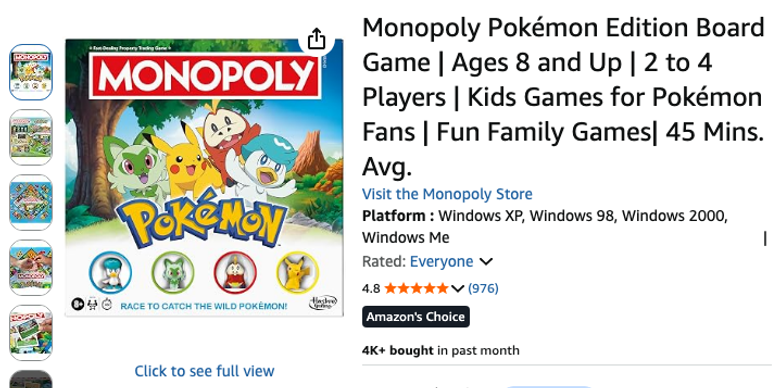 Monopoly Pokémon Edition Board Game