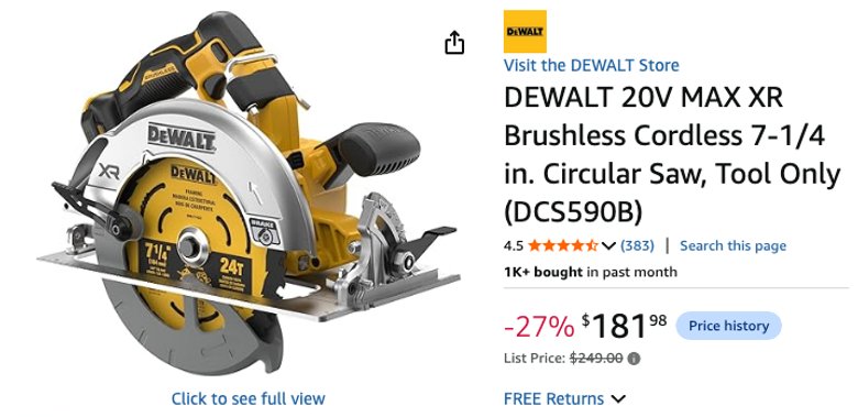DEWALT 20V MAX XR Brushless Cordless 7-1/4 in. Circular Saw, Tool Only (DCS590B)