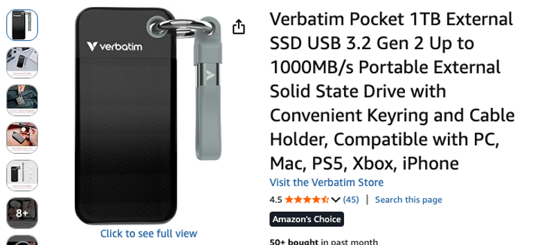 Verbatim Pocket 1TB Portable External SSD