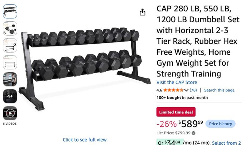 CAP Rubber Hex Dumbbell Set with Horizontal Rack