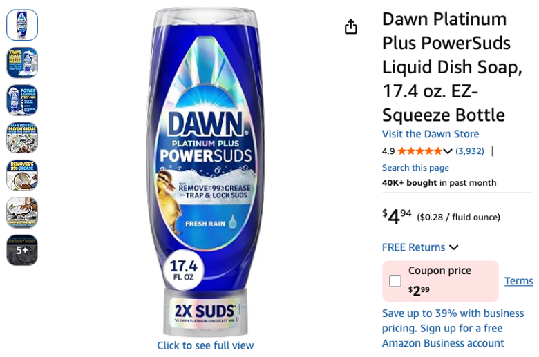 Dawn Platinum Plus PowerSuds Liquid Dish Soap, 17.4 oz. EZ-Squeeze Bottle