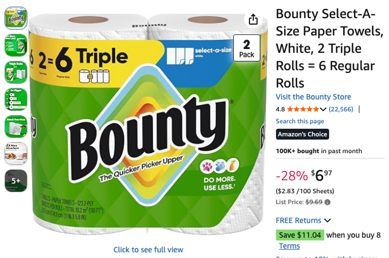Bounty Select-A-Size Paper Towels, White, 2 Triple Rolls = 6 Regular Rolls