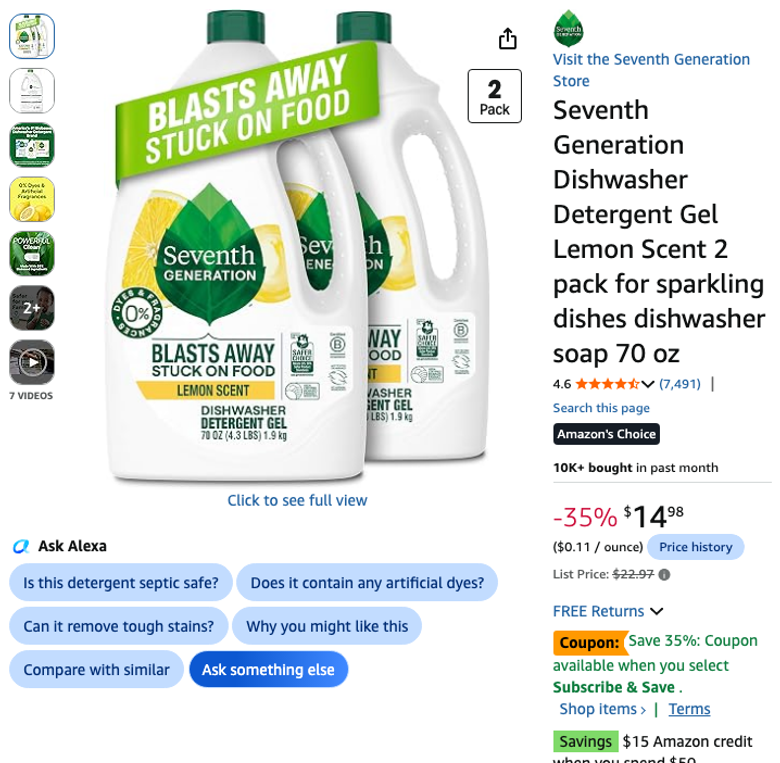 Seventh Generation Dishwasher Detergent Gel Lemon Scent 2 Pack