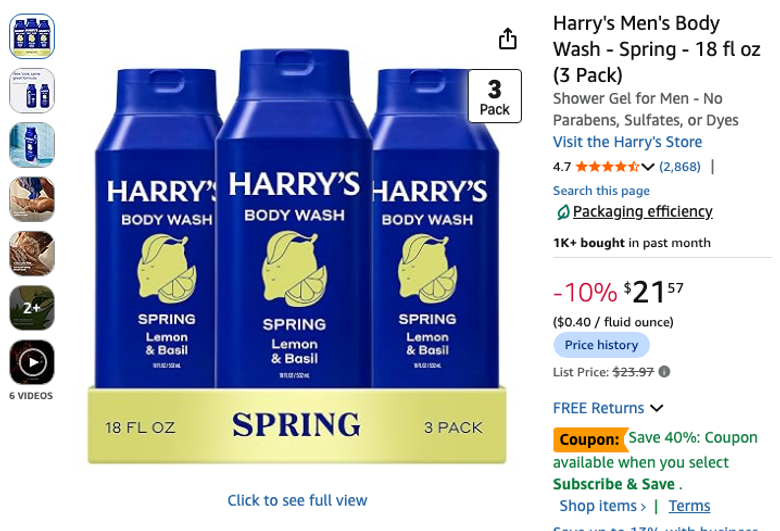Harry's Men's Body Wash - Spring - 18 fl oz (3 Pack)