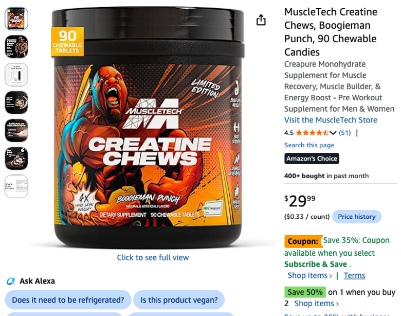 MuscleTech Creatine Chews, Boogieman Punch, 90 Chewable Candies