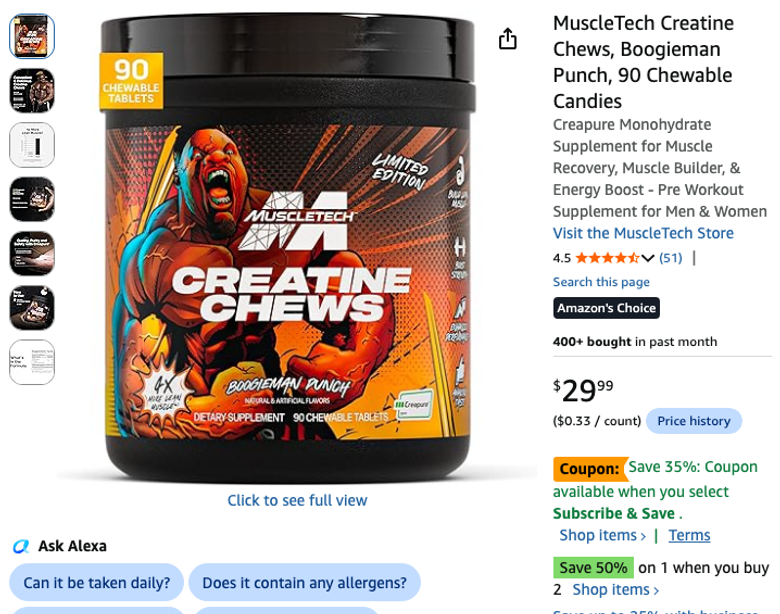 MuscleTech Creatine Chews, Boogieman Punch, 90 Chewable Candies