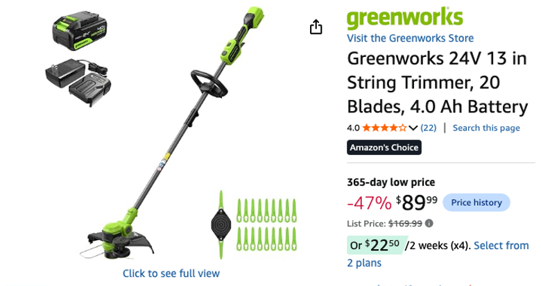 Greenworks 24V 13 in String Trimmer with Battery and Blades