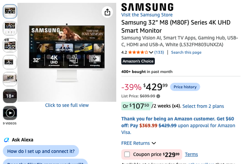 Samsung 32” M8 (M80F) Series 4K UHD Smart Monitor
