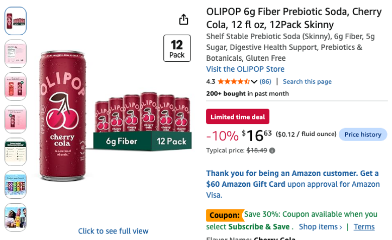OLIPOP Cherry Cola Prebiotic Soda 12-Pack
