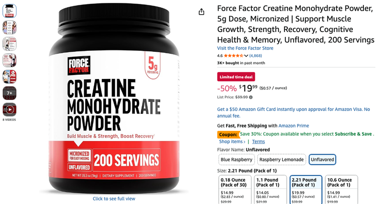 Force Factor Creatine Monohydrate Powder, Unflavored, 200 Servings