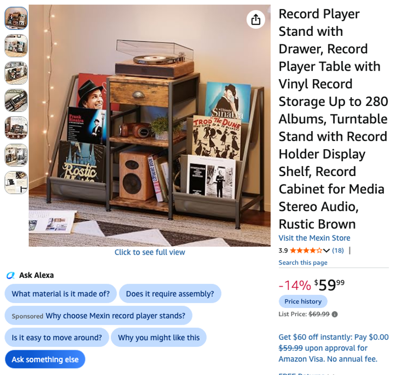 Record Player Stand with Drawer and Vinyl Storage