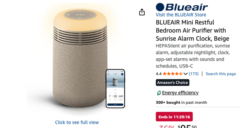 Blueair Mini Restful Bedroom Air Purifier with Sunrise Alarm Clock