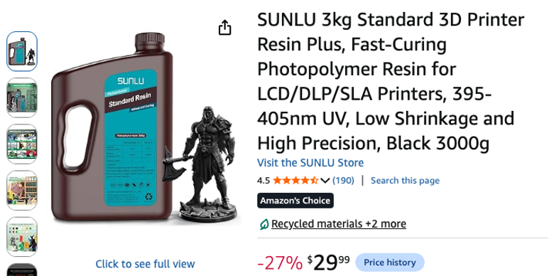 SUNLU Standard 3D Printer Resin Plus, Black 3000g