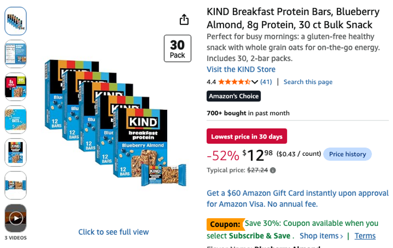 KIND Breakfast Protein Bars, Blueberry Almond, 30 ct