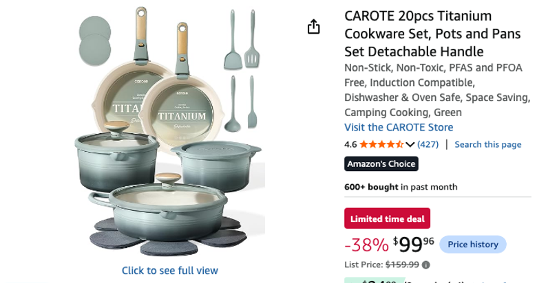 CAROTE 20-Piece Titanium Cookware Set with Detachable Handles