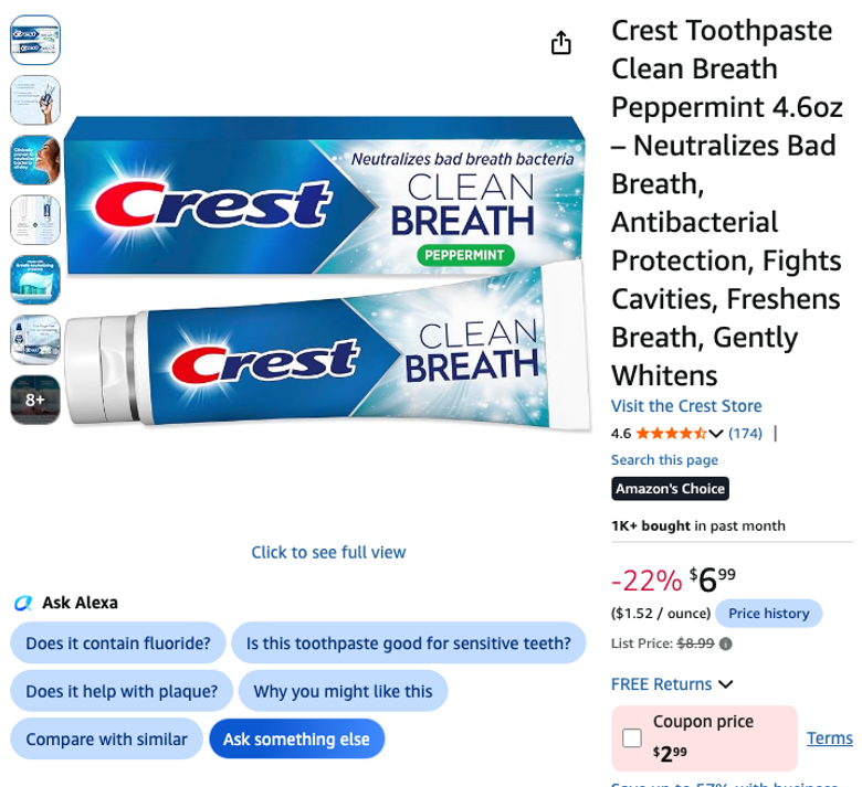 Crest Toothpaste Clean Breath Peppermint 4.6oz
