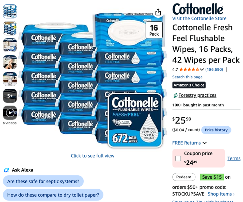 Cottonelle Fresh Feel Flushable Wipes, 16 Packs, 42 Wipes per Pack