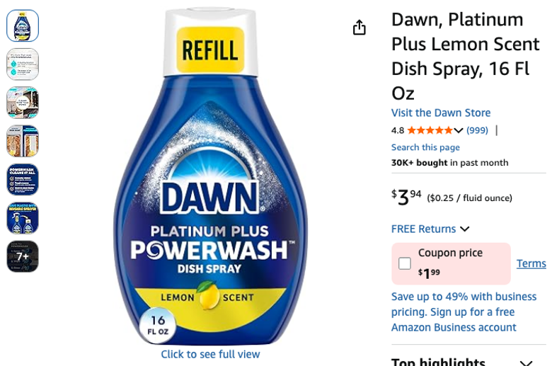 Dawn Platinum Plus Lemon Scent Dish Spray Refill, 16 Fl Oz